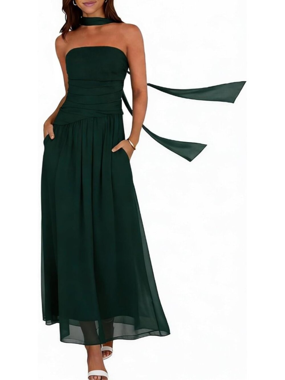 Women's Dark Green Strapless Ruched Elastic Waist Flowy Aline Fit Maxi Dress